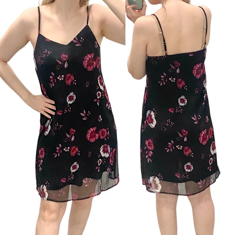 Floral Print Chiffon Mini Slip Dress Purple and Black Y2K Size S